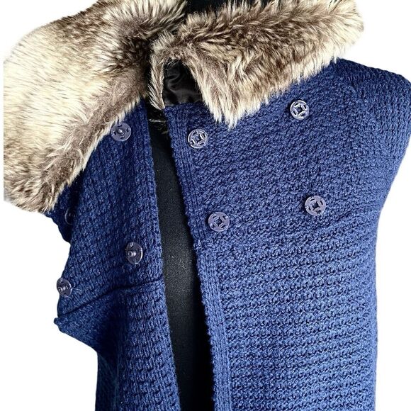 Belle Du Jour Fur Collar Blue Sweater Vest Double Breasted Women’s Jr Large - Picture 6 of 11